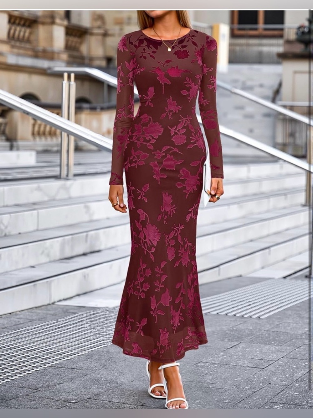 MEROKEETY 2026 Long Sleeve Bodycon Floral Mesh Fall Cocktail Formal Party Dress - Picture 2 of 8
